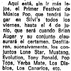 Noticia publicada en el diario LA VANGUARDIA el 27 de febrero de 1971 sobre el primer festival de msica que se celebrara en la discoteca Silvi's de Gav Mar